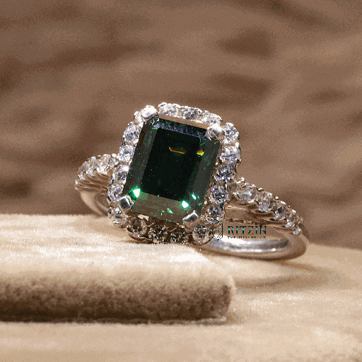Green Emerald And Round Cut Diamond Hidden Halo Style Engagement Ring For Women