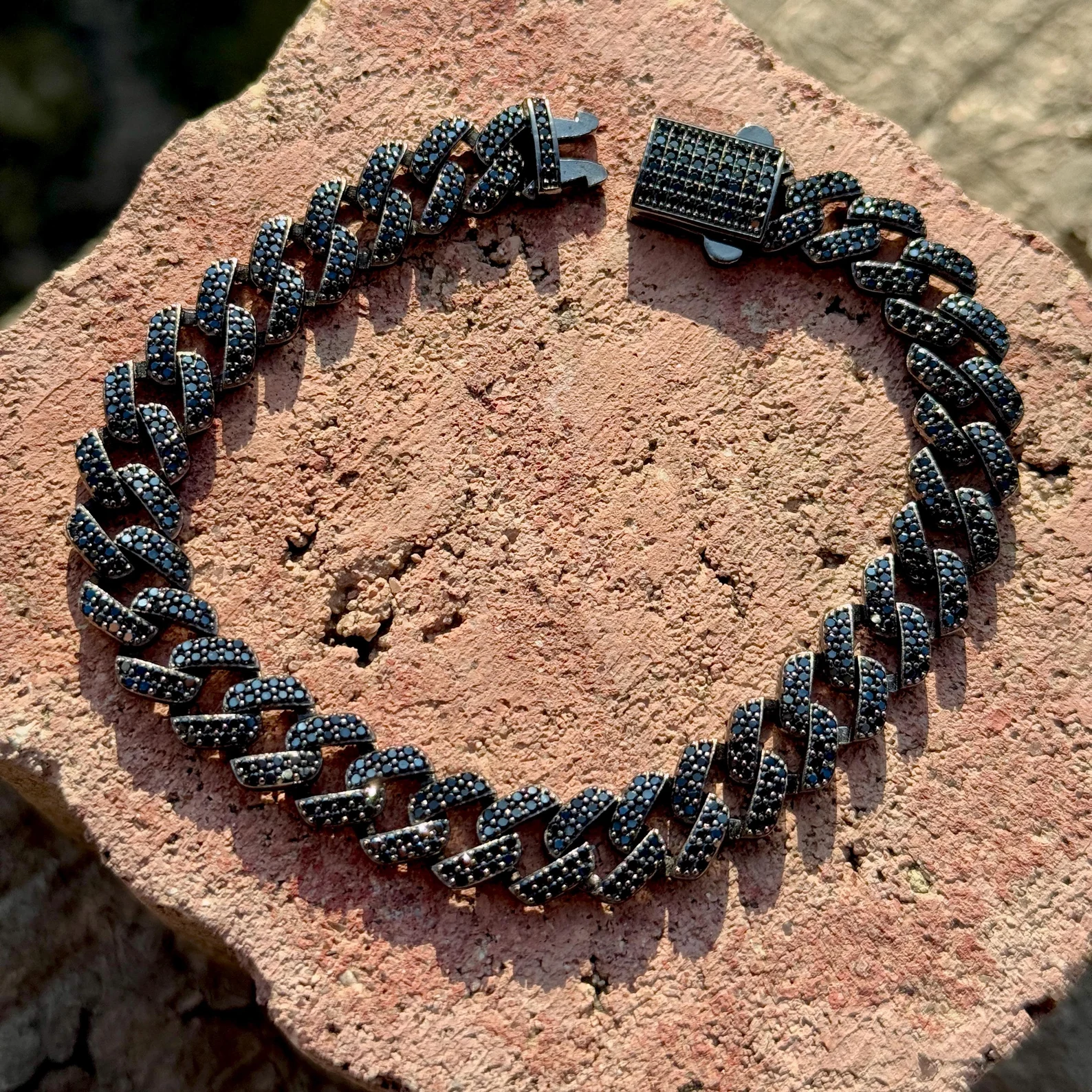  Black Stone Gourmet Chain Bracelet, Unisex Cuban Link Bracelet, Black Diamond Link Cuban Link Bracelet, 