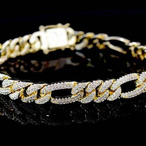 Cuban Link Bracelet, Round Cut White Diamond Men's Bracelet, Yellow Gold Plated Bracelet, Hip Hop Bracelet, Gifts For Him, Rapper Bracelet