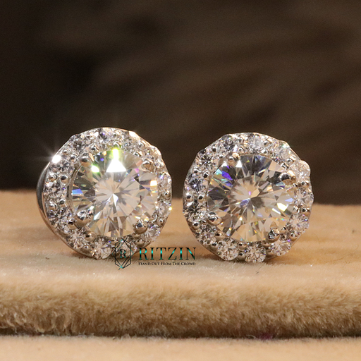 Round Cut Diamond Halo Style Stud Earrings For Women  