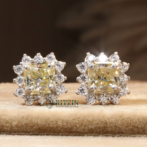 Yellow Princess And Round Cut Diamond Halo Style Stud Earring For Women