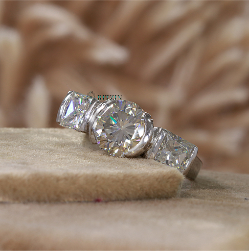 2.50 CT Round And Princess Cut Diamond 3 Stone Style Half Bezel Set Wedding Ring   