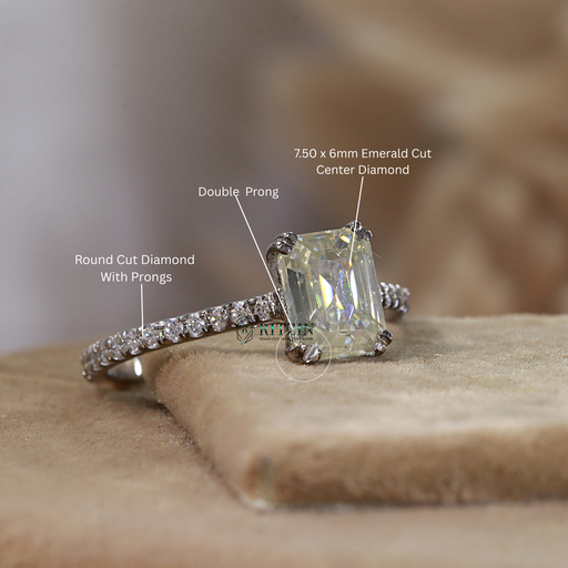 Off - White Emerald Cut Moissanite Diamond Solitaire With Accent Style Double Prong Setting Ring For Women