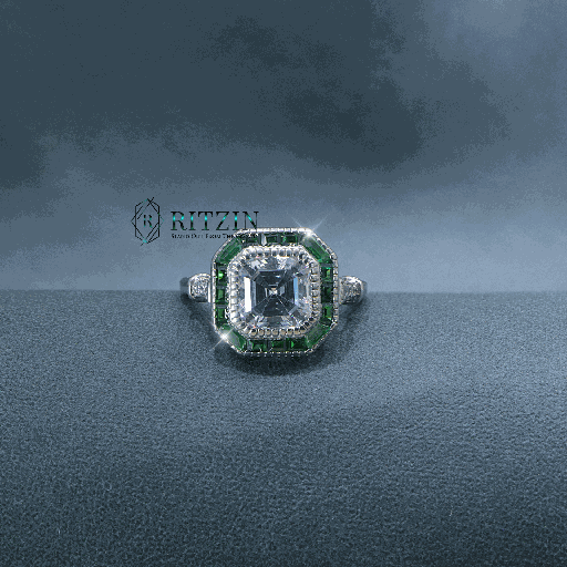 2 CT Asscher And Green Baguette Cut Diamond Halo Style Bezel Set Engagement Ring