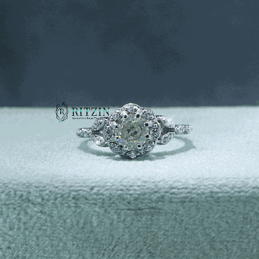 Off - White 6 MM Round Cut Moissanite Diamond Halo/ Floral Style Ring For Women
