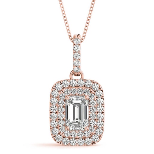 Emerald And Round Cut Diamond Double Halo Pendant Necklace For Women