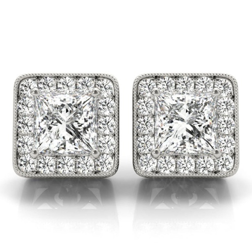 Princess Cut Diamond With Halo Style Stud Earring For Women