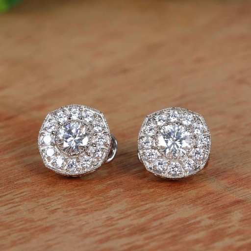  Diamond Halo Round Stone Stud Earring For Women, Wedding Earrings, Bridesmaids Gift, Gift For Her, Minimalist Earrings