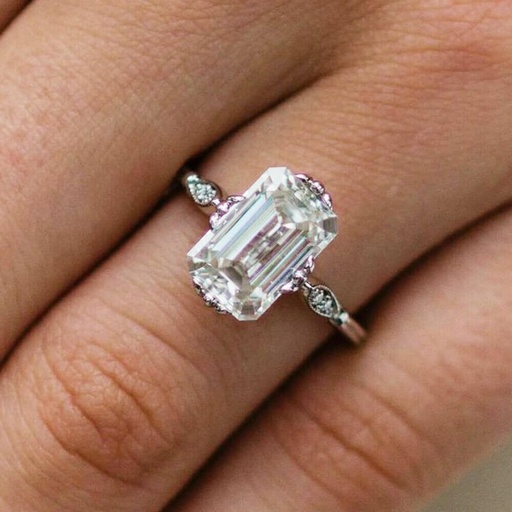 Antique Vintage Ring, 2CT Emerald Colorless Moissanite Engagement Ring, Compass Prong Wedding Ring, Anniversary Gift Ring, Solid Gold Ring