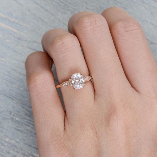 Elongated Colorless Cushion Cut Moissanite Ring, Silver Engagement Wedding Ring, Vintage Style Milgrain Set Cushion Cut Ring