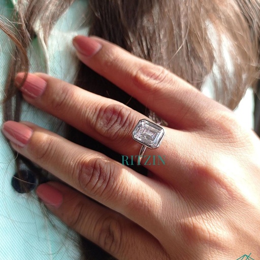 2.50CT Emerald Colorless Moissanite Ring, Bezel Set Emerald Solitaire Ring, Engagement Ring, Wedding Ring, 10k/14k/18k Gold Ring