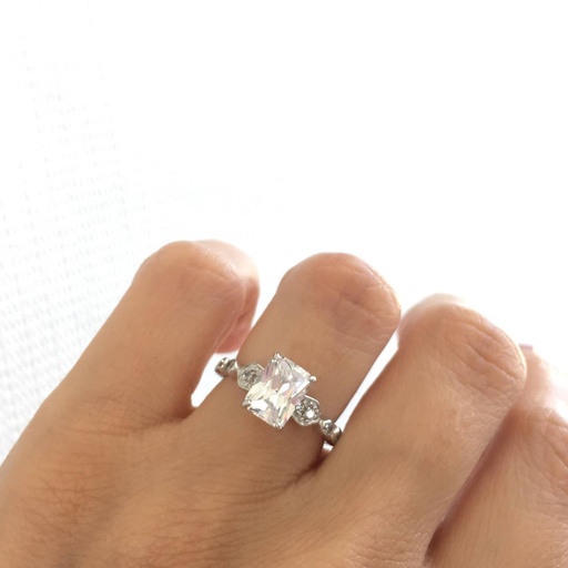 Art Deco Wedding Ring, Solitaire Ring, Sterling Silver Rhodium Plated Radiant Diamond Engagement Ring, Flawless Wedding Ring, Vintage Promise Ring