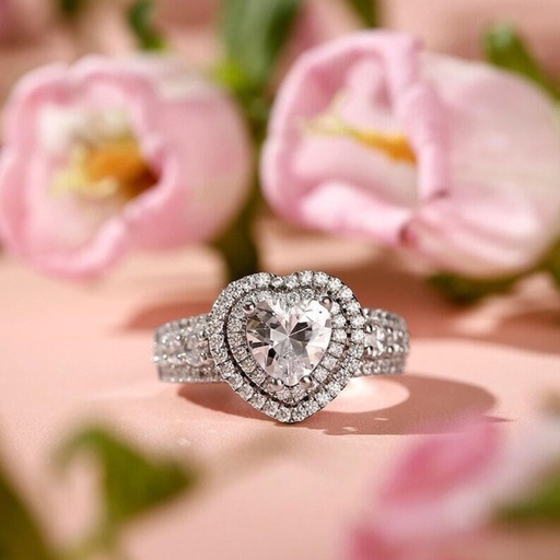 Gorgeous Heart Cut Lab Created Diamond Double Halo Engagement Ring, 14K White Gold Heart Cut Wedding Ring, Anniversary Love Gift Ring