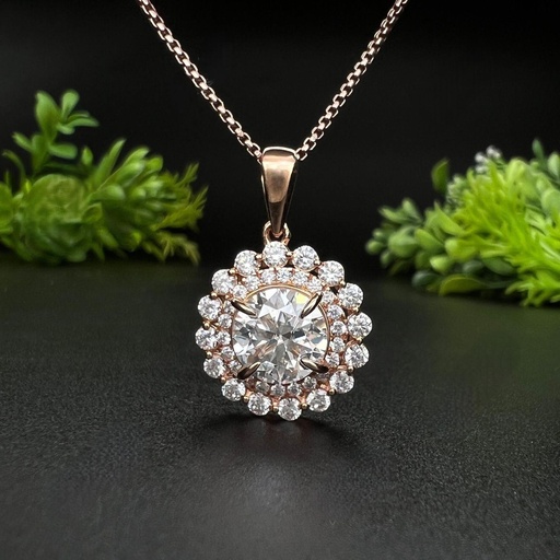 Round Cut Diamond Double Halo Necklace For Women