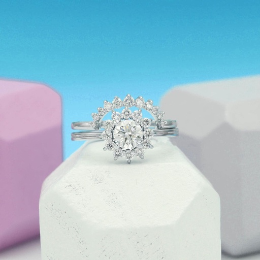 Art Deco Round cut diamond engagement ring set Dainty Starburst  Round lab grown diamond Halo wedding 14K White Gold bridal ring set