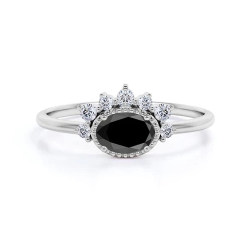  Black Oval Cut Diamond Half Halo Unique Style Black And White Diamond Ring for Women
