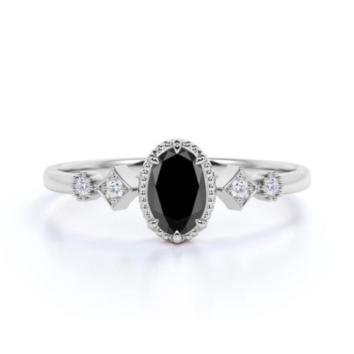  Oval And Round Shaped 5 Stone Prong Set Black And White Diamond Ring For Women