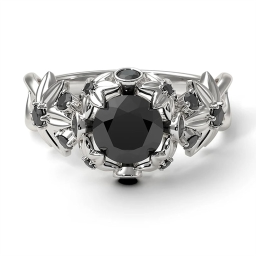Black Round Cut Diamond Floral Style Engagement For Women
