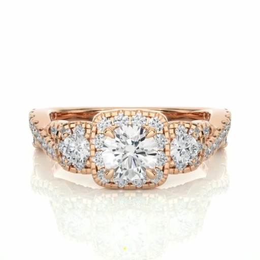 Round Cut Criss Cross 3 Stone Halo Diamond Engagement Ring In Rose Gold