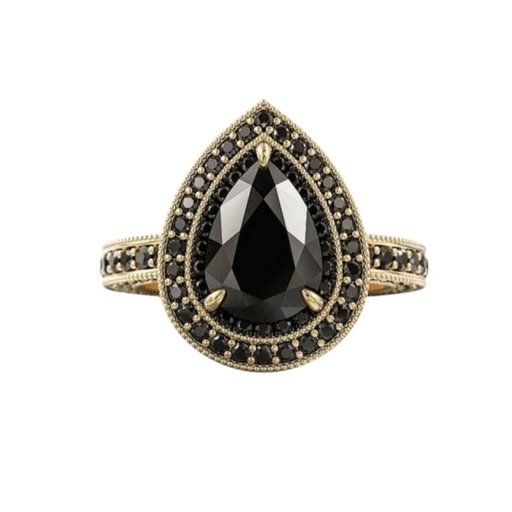 Pear And Round Cut Prong Setting Halo Black Diamond Ring With Accents For Women