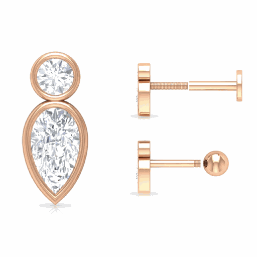  Round & Pear Shape Bezel Diamond Stud Earrings