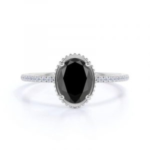 Oval Shape Prong Settting Black And White Diamond Ring 