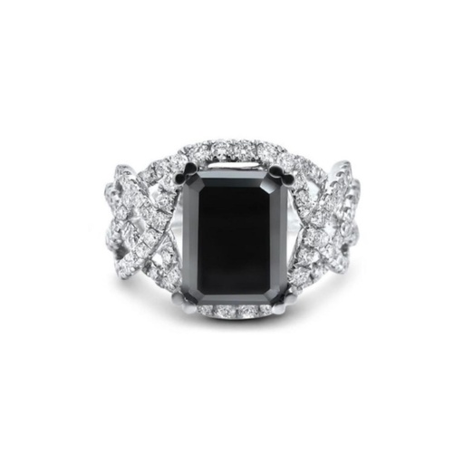 Emerald Shape Prong Set Twisted Black and White Diamond Ring