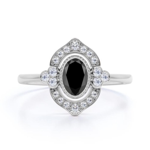  Oval and Round Cut Vintage Halo Black and White Diamond Ring For Women