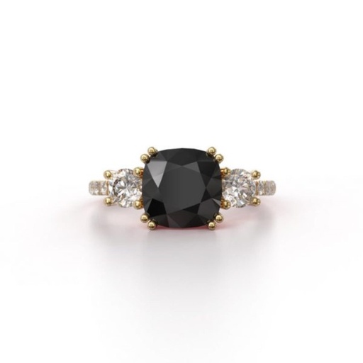  Cushion Cut Three Stone Black And White Diamond Ring