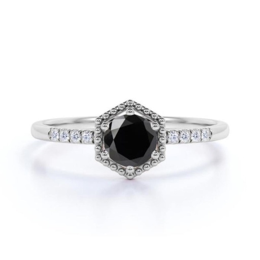 Round Cut Basket Set Black & White Diamond Engagement Ring