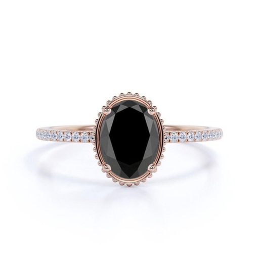 Oval Shape Prong Setting Black And White Diamond Ring In Rose Gold