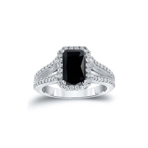 Emerald Shape Halo Split Shank Black And White Diamond Engagement Ring
