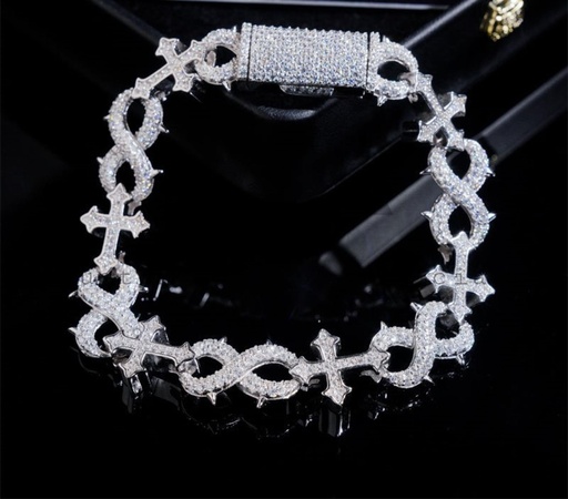 Men Jewelry Iced Out  Width Silver Infinity Link Bracelet With Cross Charm