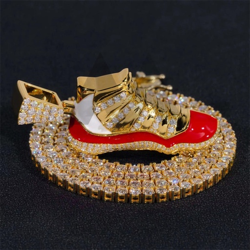 Yellow Gold Plated Iced Out Shoes Pendant Fit For  Tennis Chain