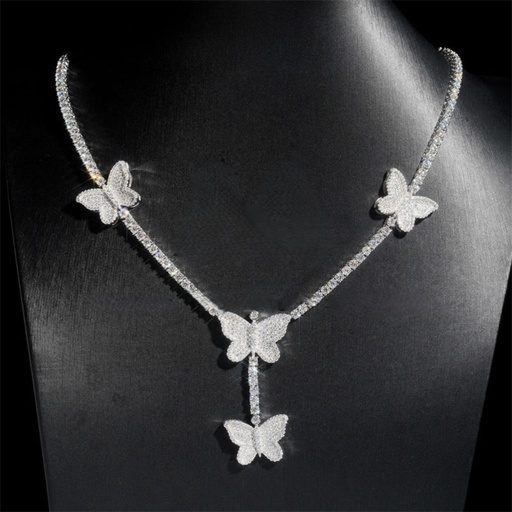 Round Cut Diamond Silver Iced Out Butterfly Charm Tennis Necklace Hip Hop Jewelry For Men