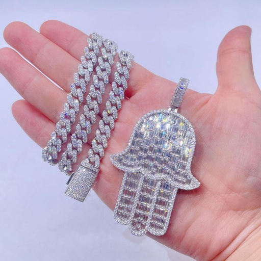 8MM Moissanite Diamond Hamsa Pendant with 18" Cuban Chain - Hip Hop Jewelry