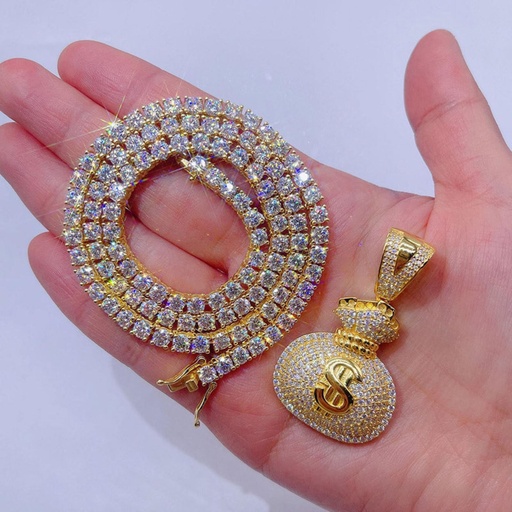 Sterling Silver VVS  Iced Out Money Bag Pendant Hip Hop