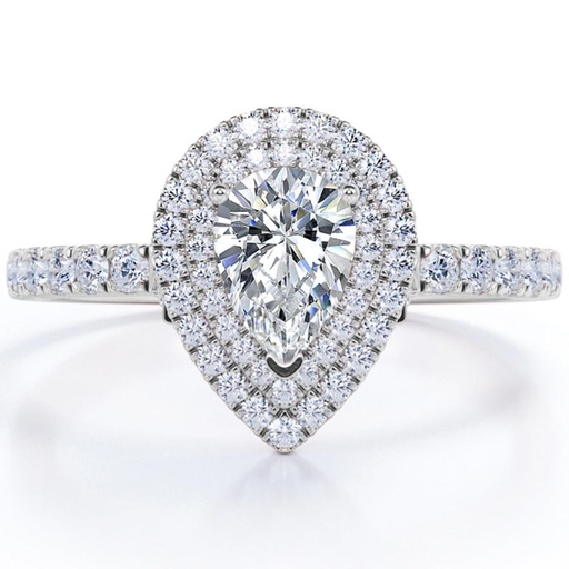  Certified Pave Style Pear-Shaped Moissanite Double Halo Cluster Engagement Ring in 18K White Gold Plating over Silver