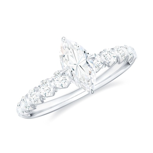 Marquise Moissanite Solitaire Engagement Ring with Side Stones, 925 Sterling Silver