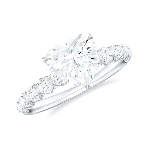 Heart Shape Moissanite Solitaire Engagement Ring with Side Stones, 925 Sterling Silver