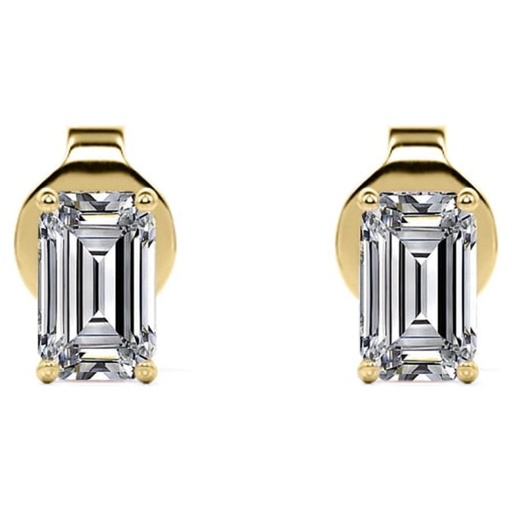 Emerald Cut Moissanite Solitaire Stud Earrings In 18K Yellow Gold Plating Over Silver