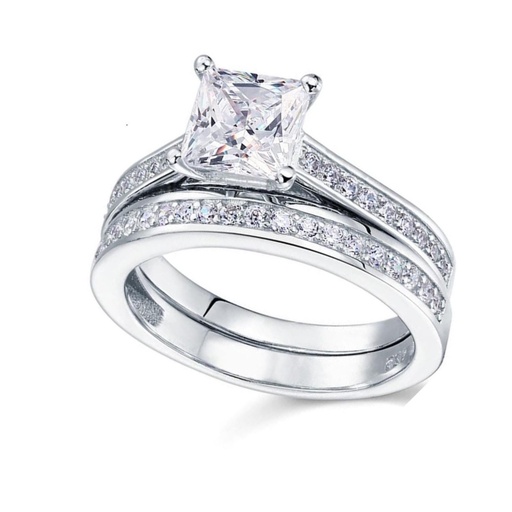  Princess Cut Moissanite Wedding Set - Bridal Set - Handmade Ring - 18k White Gold Over Silver