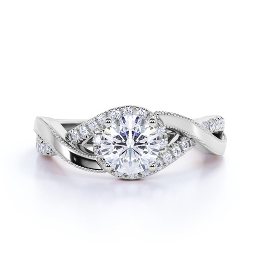 Round Moissanite - Pave - Twisted Band - Infinity - Swirl Engagement Ring - 18K White Gold over Silver