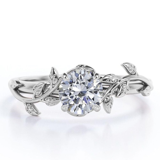  Solitaire Design Round Brilliant Cut Moissanite Branch Leaves Engagement Ring in 18K White Gold Plating over Silver