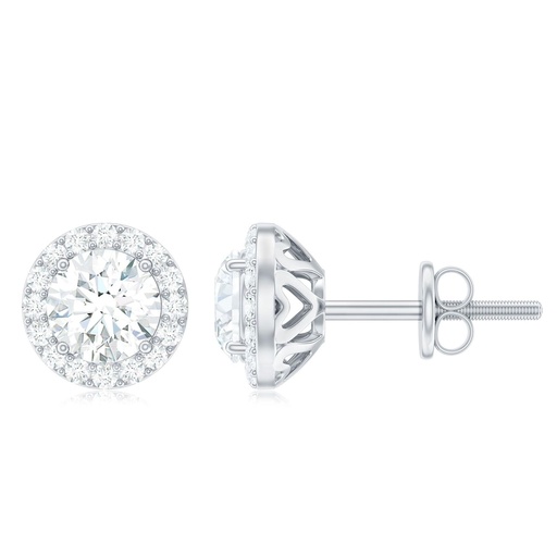 Certified Moissanite Stud Earrings with Halo for Women, 10K White Gold