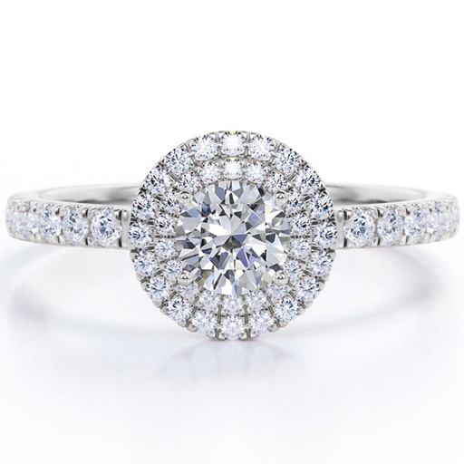 Dual Halo Set Round Shape  Pave Accented Band Engagement Ring - 18K White Gold Plating over Silver