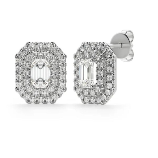Emerald Cut Diamond Double Halo Stud Earrings For Women